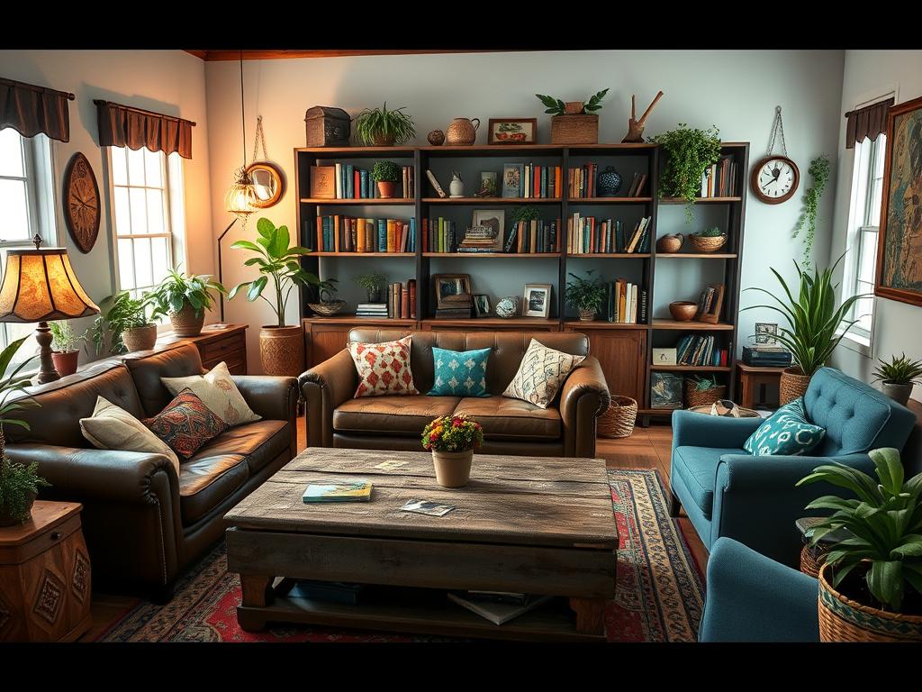 Second hand furniture decorating a house with bookshelf in the background